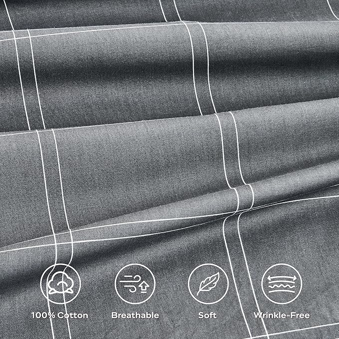 JELLYMONI 100% Natural Cotton Twin Duvet Cover Set, 2pcs Plaid Duvet Cover Sets with Zipper Closure, Grid Geometric Pattern Comforter Cover, Dark Grey