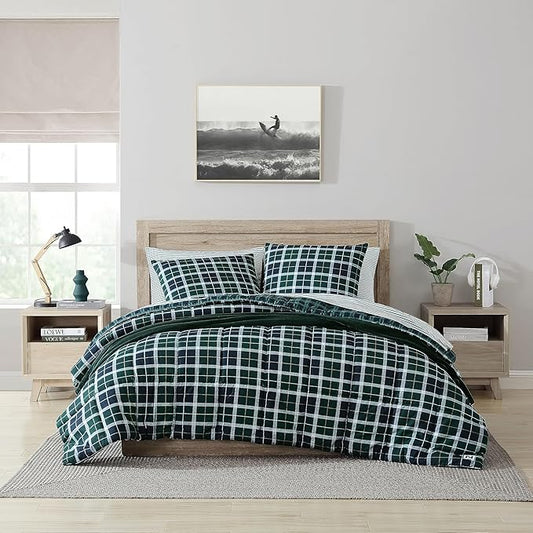 Bedroom with plaid green and white bedding, wooden headboard, and nightstands.