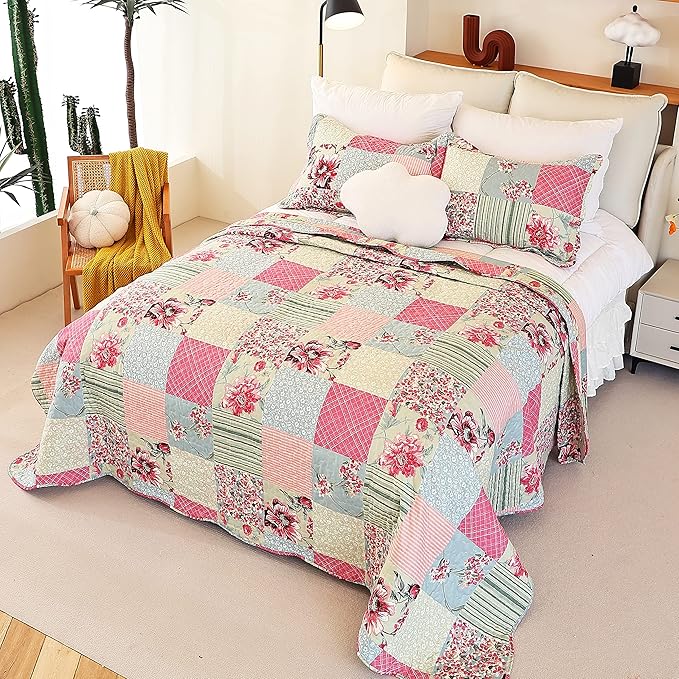 Cmfshape Summer Floral Queen Quilted Bedspread,Romantic Pink Quilt Set,Reversible Stitched Bedding Set All Season,Soft Lightweight Coverlet with Pillow Cases (Pink&Grey, Queen90 x90)