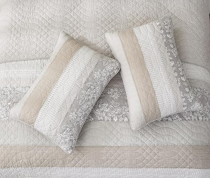 Chezmoi Collection Robyn 3-Piece Neutral Taupe Gray White Floral Hibiscus Flower Patchwork Striped Quilt Set - Pre-Washed Cotton Coverlet - Lightweight Reversible Bedspread, King Size