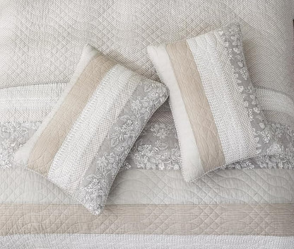 Chezmoi Collection Robyn 3-Piece Neutral Taupe Gray White Floral Hibiscus Flower Patchwork Striped Quilt Set - Pre-Washed Cotton Coverlet - Lightweight Reversible Bedspread, Queen Size