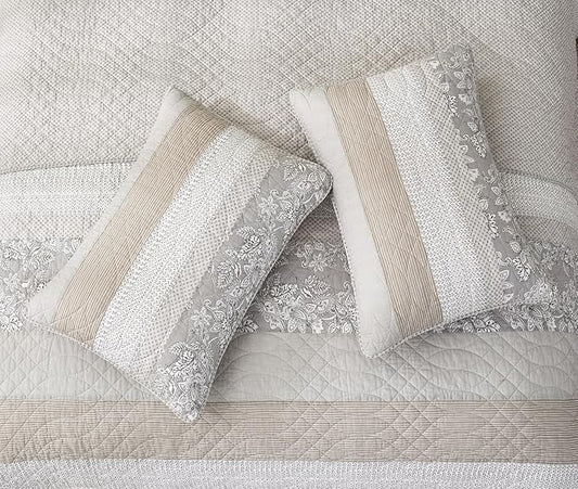 Chezmoi Collection Robyn 3-Piece Neutral Taupe Gray White Floral Hibiscus Flower Patchwork Striped Quilt Set - Pre-Washed Cotton Coverlet - Lightweight Reversible Bedspread, Queen Size