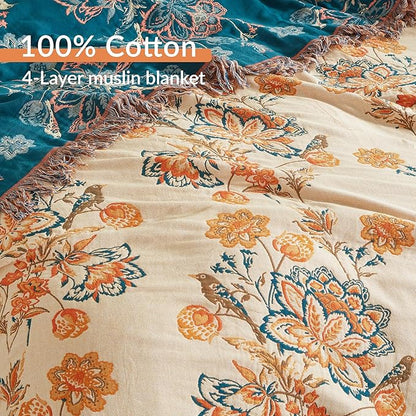 Boho Throw Blanket for Bed 80”x90”, 100% Cotton Woven Blanket for Couch Sofa, Ultra Soft 4-Layer Muslin Quilt with Floral Printed, Farmhouse Bed Blanket/Cover for Living Room Decor