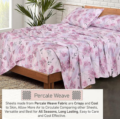 Ruvanti 100% Cotton Bed Sheets, 4 Pcs Bed Sets, Lilac Floral Print Full Size Sheets Set, Soft, Breathable, Deep Pocket Sheets, Cooling Bedding Sheets Set Include 1 Flat, 1 Fitted Sheet, 2 Pillowcases.