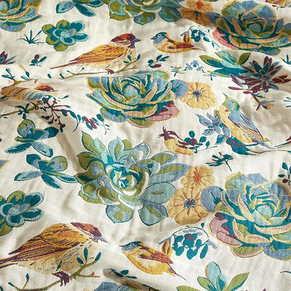 Boho Throw Blanket for Bed 90”x98”, 100% Cotton Woven Blanket for Couch Sofa, Ultra Soft 4-Layer Muslin Quilt with Floral Printed, Farmhouse Bed Blanket/Cover for Living Room Decor