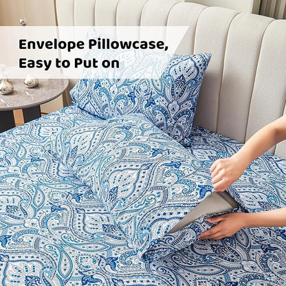 Softan Blue Paisley Printed Bed Sheets King Size, Floral Sheet Set King, Brushed Polyester Microfiber Fitted Sheet with 15" Deep Pocket & Non-Slip Straps, Blue Flower Patterned Sheet & Pillowcase Sets