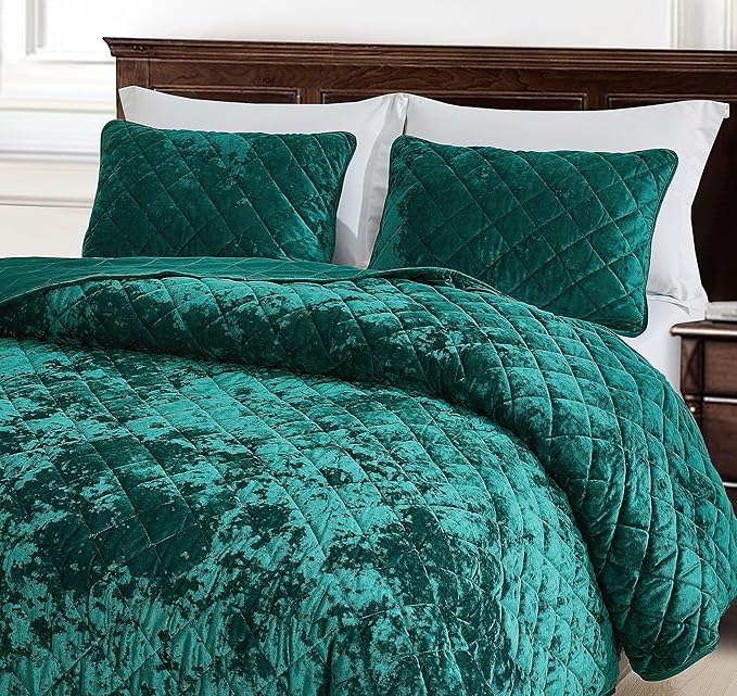 Chezmoi Collection Lux Emerald Green Velvet Quilt Queen Set, 3-Piece Lush Plush Distressed Velvet Bedding All Season Lightweight Comforter Brushed Microfiber Reverse with Diamond Stitch Quilting