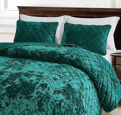 Chezmoi Collection Lux Emerald Green Velvet Quilt King Set, 3-Piece Lush Plush Distressed Velvet Bedding All Season Lightweight Comforter Brushed Microfiber Reverse with Diamond Stitch Quilting