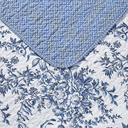 Laura Ashley - Twin Quilt Set, Soft & Reversible Cotton Floral Bedding with a Medium Weight Feel, 2 Piece Bed Set with Matching Pillowcases (Bedford Delft Blue)