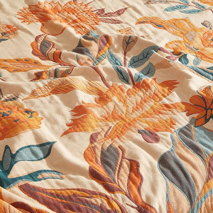 Boho Throw Blanket for Bed 90”x108”, 100% Cotton Woven Blanket for Couch Sofa, Ultra Soft 4-Layer Muslin Quilt with Floral Printed, Farmhouse Bed Blanket/Cover for Living Room Decor