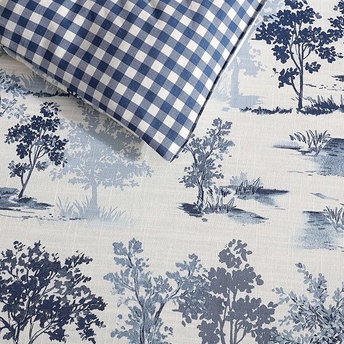 Eddie Bauer - Full/Queen Comforter Set, Super Soft Reversible Bedding with Matching Shams, Buffalo Check Reverse, Rustic Inspired Room Essentials (Vintage Forest Toile Blue, Full/Queen)