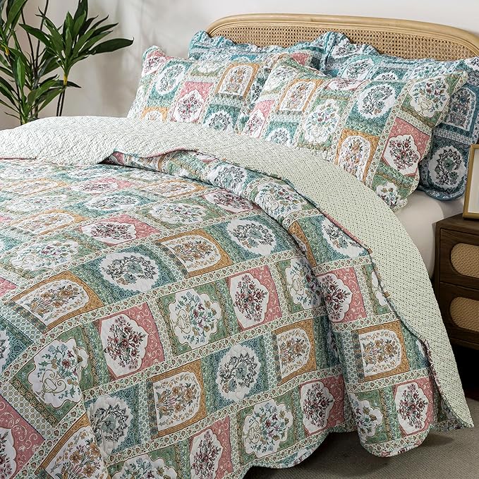 HoneiLife Quilt Sets Queen Size - 3 Pieces Microfiber Quilt Lightweight Bedspreads Floral Coverlets Retro Bed Cover Queen Quilt Bedding Sets All Season Use
