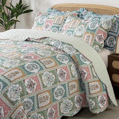 HoneiLife Quilt Sets Queen Size - 3 Pieces Microfiber Quilt Lightweight Bedspreads Floral Coverlets Retro Bed Cover Queen Quilt Bedding Sets All Season Use
