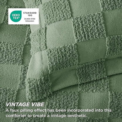 Bedsure Queen Size Comforter Set Green, Boho Tufted Bed Set, Checkered Farmhouse Shabby Chic Bedding, 3 Pieces, 1 Plaid Geometric Comforter and 2 Pillow Shams