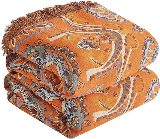 Boho Throw Blanket for Bed 90”x98”, 100% Cotton Woven Blanket for Couch Sofa, Ultra Soft 4-Layer Muslin Quilt with Floral Printed, Farmhouse Bed Blanket/Cover for Living Room Decor