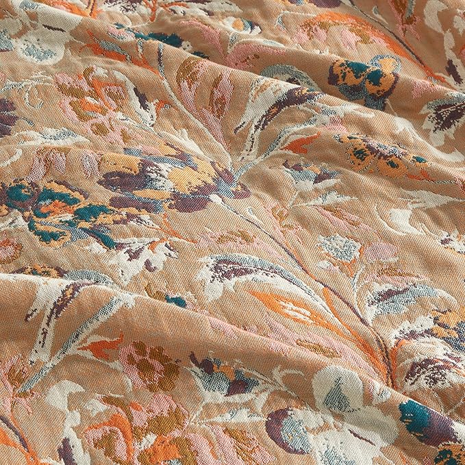 Boho Throw Blanket for Bed 80”x90”, 100% Cotton Woven Blanket for Couch Sofa, Ultra Soft 4-Layer Muslin Quilt with Floral Printed, Farmhouse Bed Blanket/Cover for Living Room Decor