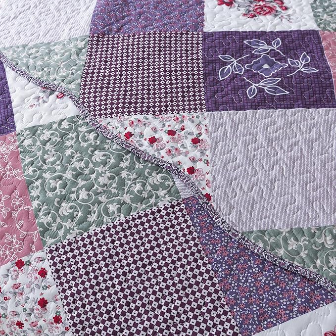 HoneiLife Quilt Set King Size - 3 Piece Microfiber Quilts Reversible Bedspreads Patchwork Coverlets Floral Bedding Set All Season Quilts-Little Rose,Purple