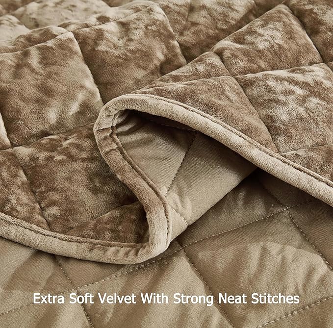 Chezmoi Collection Lux Tan Velvet Quilt Oversized King Set, 3-Piece Plush Distressed Velvet Bedding All Season Lightweight Comforter Brushed Microfiber Reverse with Diamond Stitch Quilting