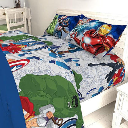 Jay Franco Kids Sheet Cartoon Set with Fitted, Flat Sheets & Pillow Cover - Ultra-Soft Bedding with Pillowcase for Room Decor, Blue - Avengers, 3 Piece Twin