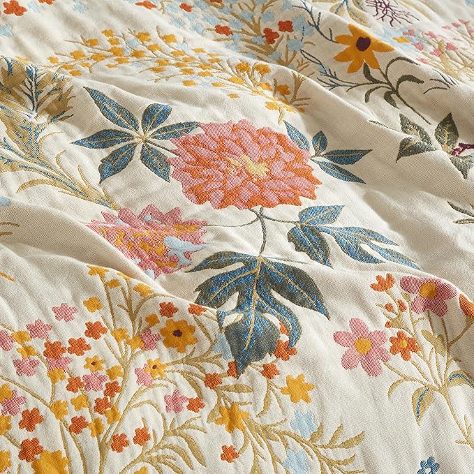 Boho Throw Blanket for Bed 90”x98”, 100% Cotton Woven Blanket for Couch Sofa, Ultra Soft 4-Layer Muslin Quilt with Floral Printed, Farmhouse Bed Blanket/Cover for Living Room Decor