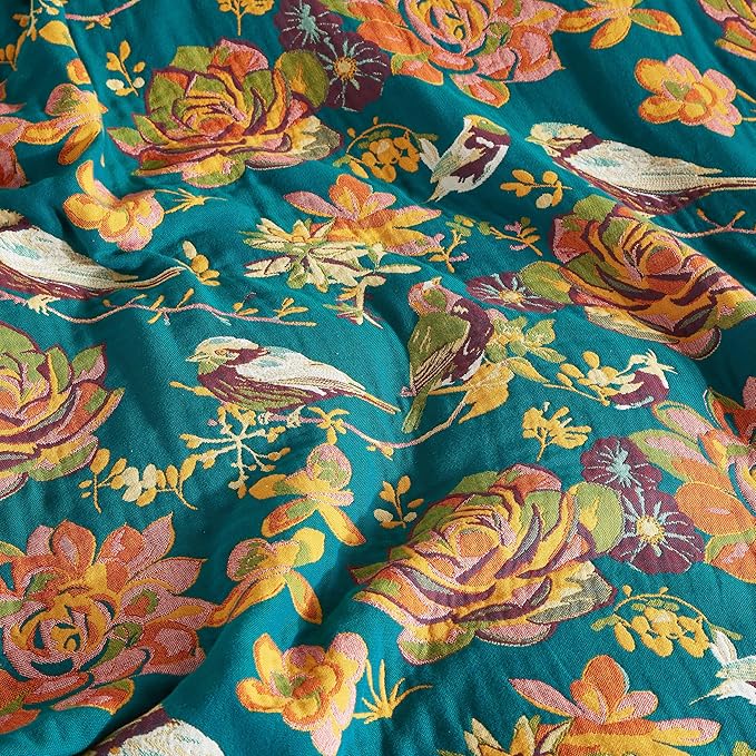 Boho Throw Blanket for Bed 90”x98”, 100% Cotton Woven Blanket for Couch Sofa, Ultra Soft 4-Layer Muslin Quilt with Floral Printed, Farmhouse Bed Blanket/Cover for Living Room Decor