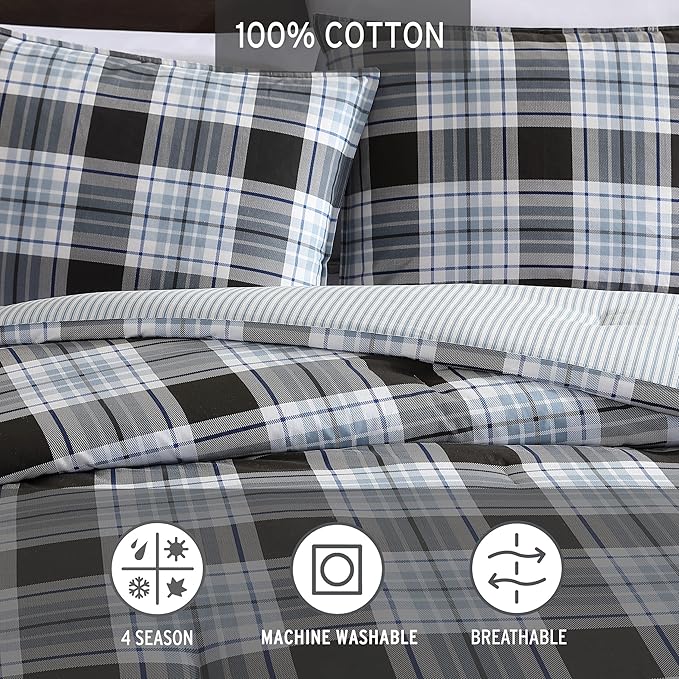 Eddie Bauer - Queen Comforter Set, Cotton Reversible Bedding with Matching Shams, Stylish Home Decor (Lewis Navy, Queen)