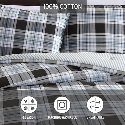 Eddie Bauer - Queen Comforter Set, Cotton Reversible Bedding with Matching Shams, Stylish Home Decor (Lewis Navy, Queen)