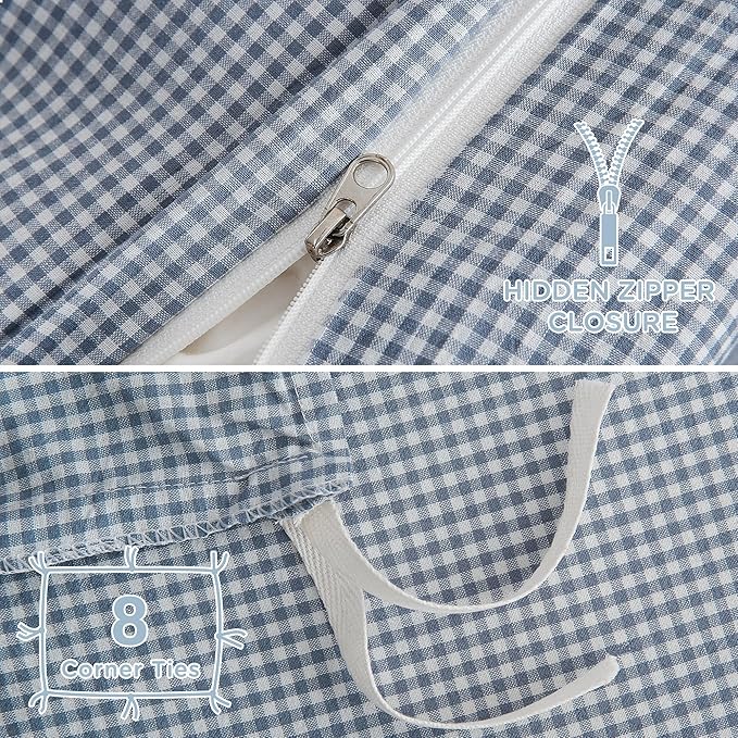 TOCOMOA Mini Gingham Blue Duvet Cover Bedding Set 100% Washed Cotton Like Linen Feel Super Soft Comfortable 3 Piece Small Plaid Checkered Comforter Cover Set (Queen 90"x90", Comforter Not Included)