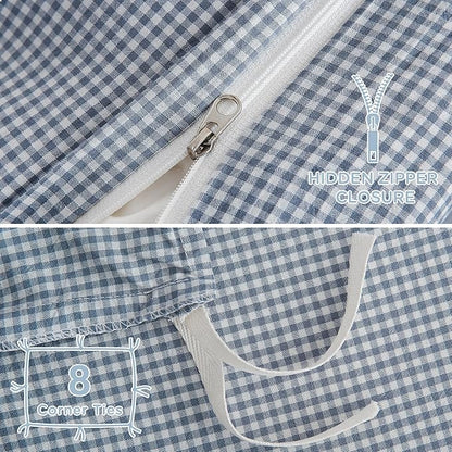 TOCOMOA Mini Gingham Blue Duvet Cover Bedding Set 100% Washed Cotton Like Linen Feel Super Soft Comfortable 3 Piece Small Plaid Checkered Comforter Cover Set (Queen 90"x90", Comforter Not Included)