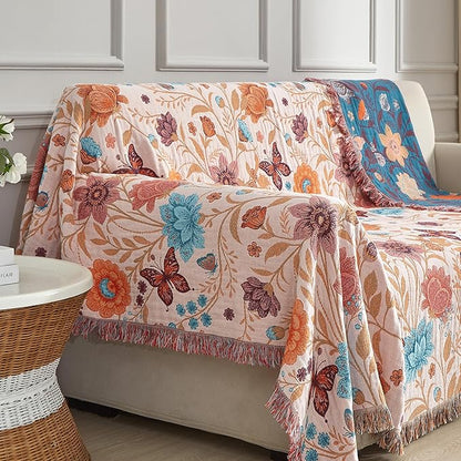 Boho Throw Blanket for Bed 80”x90”, 100% Cotton Woven Blanket for Couch Sofa, Ultra Soft 4-Layer Muslin Quilt with Floral Printed, Farmhouse Bed Blanket/Cover for Living Room Decor