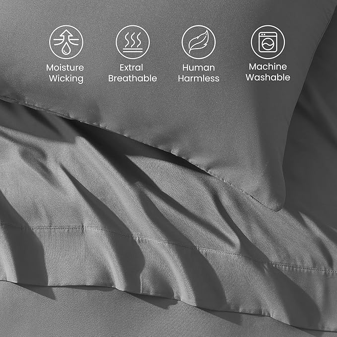 SLEEP ZONE Nanotex Super Soft Cooling Full Size Bed Sheets Set 4 Piece - Easy Care Fitted Flat Sheet & Pillowcase Sets - Wrinkle Free, Fade Resistant, Deep Pocket 16" (Gull Gray, Full)
