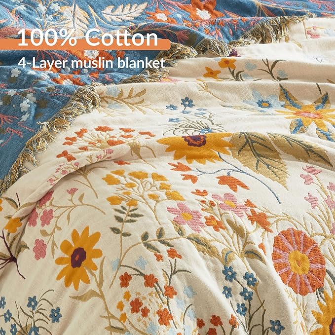 Boho Throw Blanket for Bed 60”x80”, 100% Cotton Woven Blanket for Couch Sofa, Ultra Soft 4-Layer Muslin Quilt with Floral Printed, Farmhouse Bed Blanket/Cover for Living Room Decor