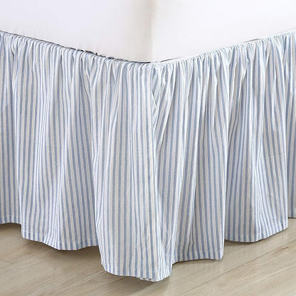 Laura Ashley - Queen Size Bedskirt, Soft Cotton Ruffled Bedding for Year Round Use, Striped Bedding with 14.5" Drop (Ticking Stripe Blue)