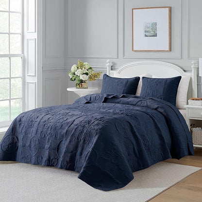 B2EVER Navy Blue Damask Quilt Twin Size Bedding Sets with 1 Pillow Sham, Boho Bedspread Lightweight Soft Farmhouse Vintage Bohemian Coverlet Retro Jacquard Pattern Bed Cover for All Season, 2 Pieces