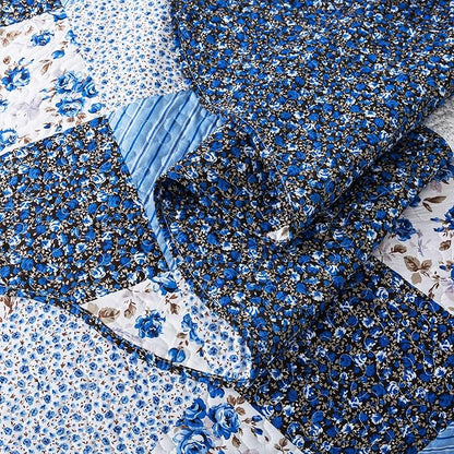 HoneiLife Quilt Set King Size - 3 Piece Microfiber Quilts Reversible Bedspreads Patchwork Coverlets Floral Bedding Set All Season Quilts with Blue and White Porcelain Pattern