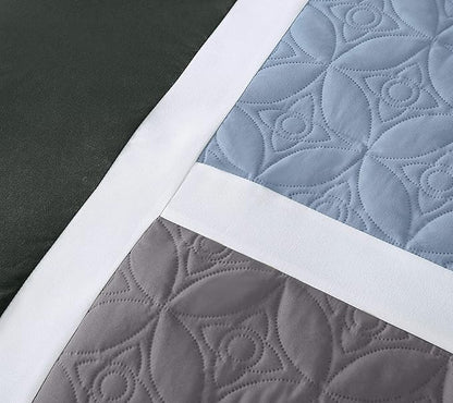 Chezmoi Collection Upland 7-Piece Quilted Patchwork Comforter Set, Gray/Light Blue/Charcoal, King