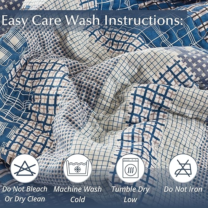 Virah Bella 3 Piece King Cabin Quilt Bedding Set - Montana Cabin: Blue/Gray - Rustic Country Reversible Patchwork Comforter Set with Decorative Pillow Shams, Blue/Gray