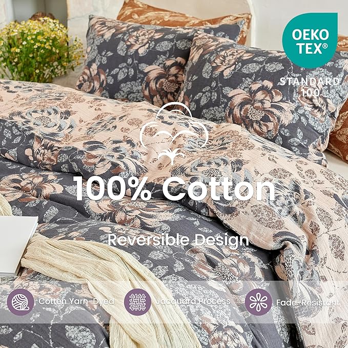 BISELINA 100% Cotton Muslin Duvet Cover Set Queen, 3 Pcs Yarn-Dyed Jacquard Textured Garden Flower, Soft and Breathable Bedding Set with Zipper Closure, Dark Blue Khaki