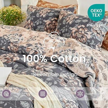 BISELINA 100% Cotton Muslin Duvet Cover Set King, 3 Pcs Yarn-Dyed Jacquard Textured Garden Flower, Soft and Breathable Bedding Set with Zipper Closure, Dark Blue Khaki