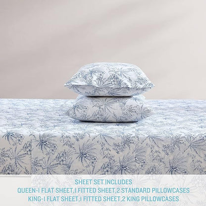 Tommy Bahama - Queen Size Sheets Set, Crisp & Tailored Cooling Sheets with a Smooth Cotton Percale Lightweight Feel - Bed Sheets with Matching Pillowcases & Fitted Sheet (Pen and Ink Palm Blue)