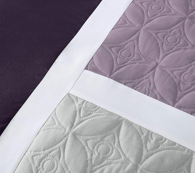 Chezmoi Collection Upland 7-Piece Quilted Patchwork Comforter Set, Lavender/Gray/Purple, Queen