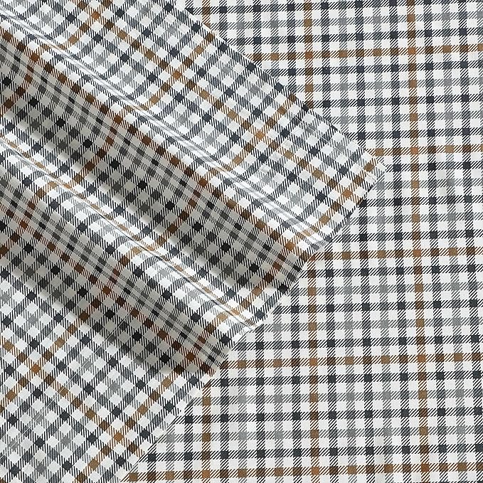Eddie Bauer - Queen Sheet Set, Crisp & Cooling Sheets w/a Naturally Smooth Cotton Percale Lightweight Feel - Matching Pillowcases & Deep Pocket Fitted Sheet (Griffin Plaid Beige)
