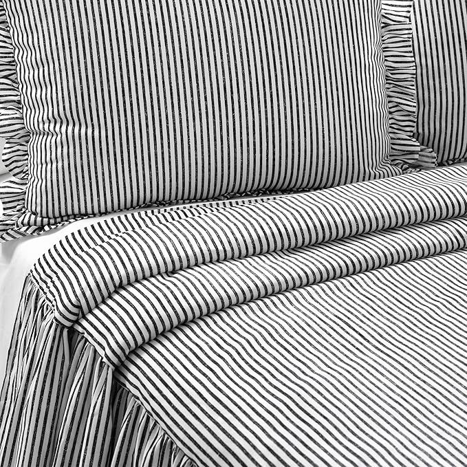 Lush Decor Ticking Stripe Bedspread Black Vintage Chic Farmhouse Style Lightweight 3 Piece Set, Queen