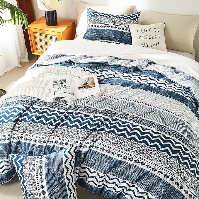 BOLINLIVING Twin Comforter Set Kids, Boho Stripe Comforter Set Twin Size, Twin Bed in a Bag Soft Bohomian Bedding Lightweight Breathable for All Seasons (Blue 66×90 inch)