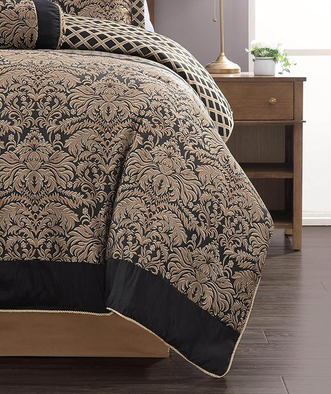Chezmoi Collection 7-Piece Black/Gold Diamond Floral Medallion Jacquard Woven Comforter Set, Queen