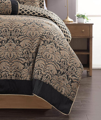 Chezmoi Collection 7-Piece Black/Gold Diamond Floral Medallion Jacquard Woven Comforter Set, Queen