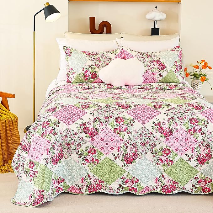 Cmfshape Summer Floral King Quilted Bedspread,Romantic Pink Quilt Set,Reversible Stitched Bedding Set All Season,Soft Lightweight Coverlet with Pillow Cases (Pink&Green, King102 x90)