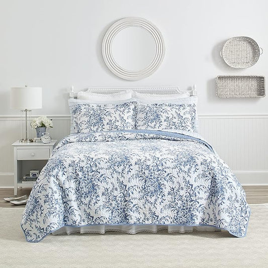 Laura Ashley - Twin Quilt Set, Soft & Reversible Cotton Floral Bedding with a Medium Weight Feel, 2 Piece Bed Set with Matching Pillowcases (Bedford Delft Blue)
