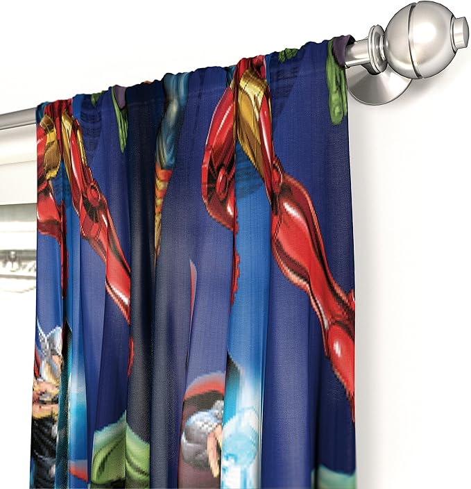 Jay Franco Kids Window Drapes - 4 Piece Curtain Set Includes 2 Tiebacks, Beautiful Bedding Room Décor and Easy Set Up, Blue - Avengers, 63 Inch
