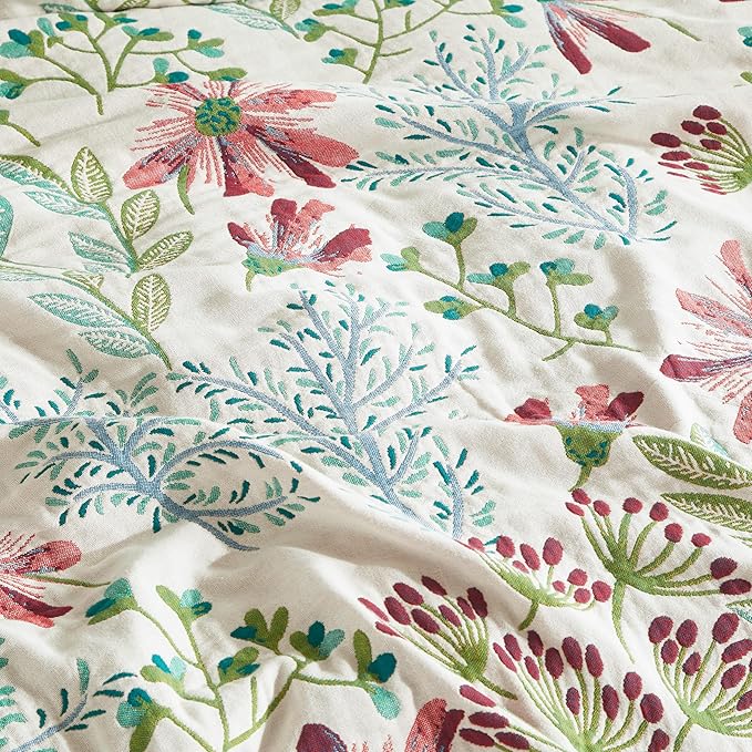 Boho Throw Blanket for Bed 60”x80”, 100% Cotton Woven Blanket for Couch Sofa, Ultra Soft 4-Layer Muslin Quilt with Floral Printed, Farmhouse Bed Blanket/Cover for Living Room Decor
